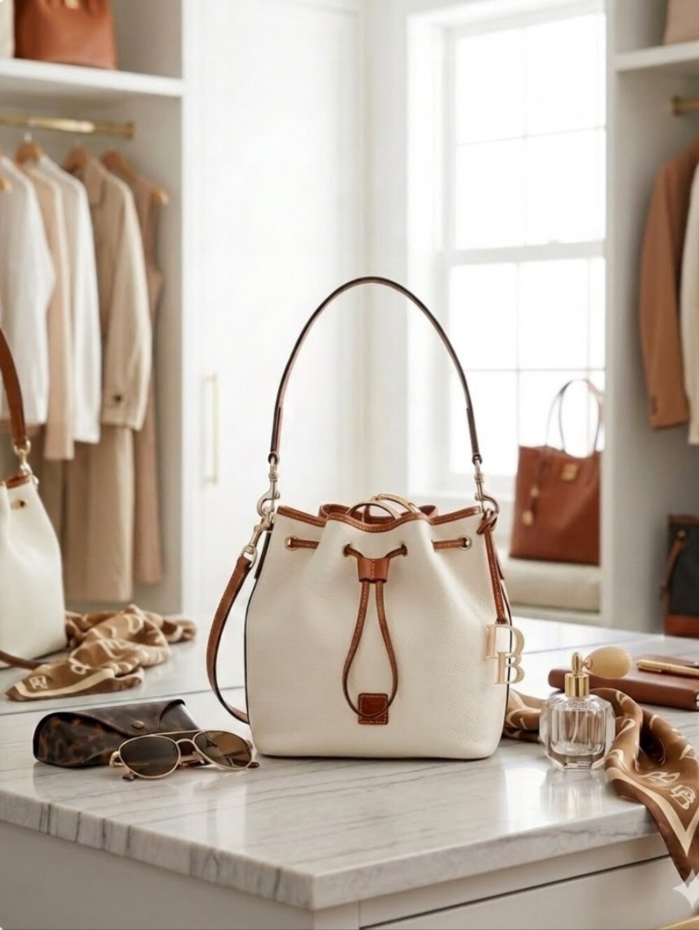 Dooney & Bourke Pebbled Leather Drawstring Bucket In White/Tan, Gold, BRAND NEW! - Picture 4 of 12